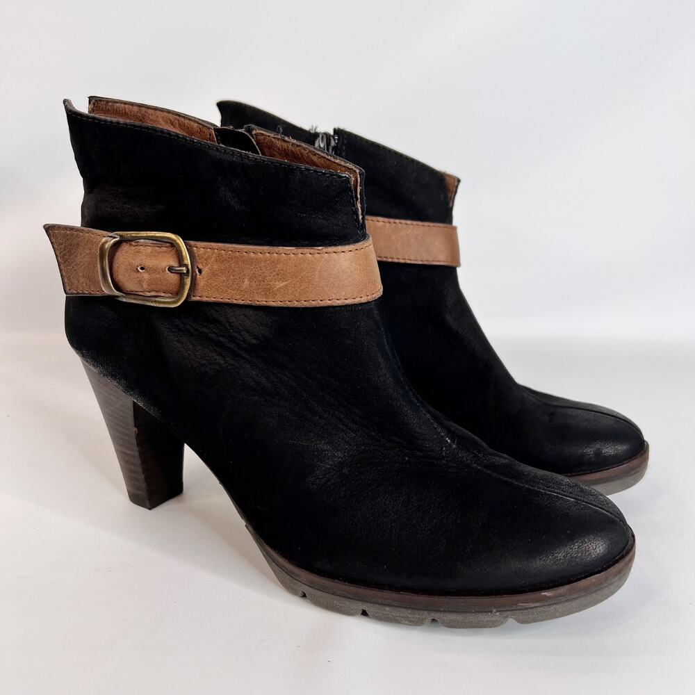 Paul Green Karla Booties US 6 UK 3.5 Black Nubuck Leather Ankle Strap Chunky Lug